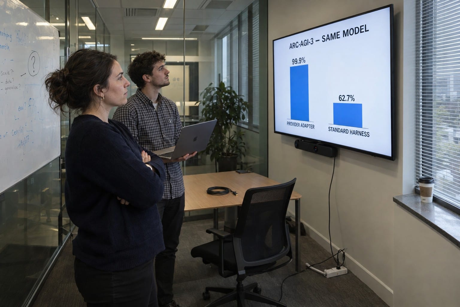Two colleagues look at a wall screen showing two very different scores for the same AI model