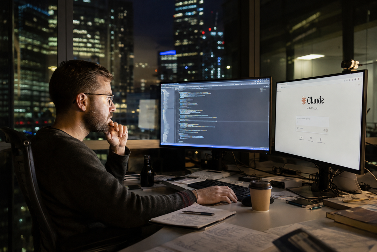 A developer working late at a multi-monitor desk with Claude by Anthropic open on screen