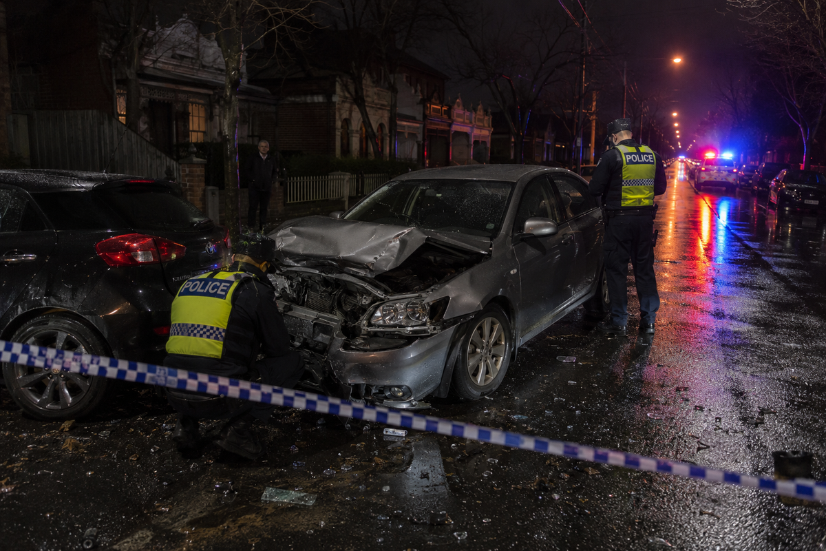 Police at the scene of a crashed grey sedan on a wet Thornbury street at night