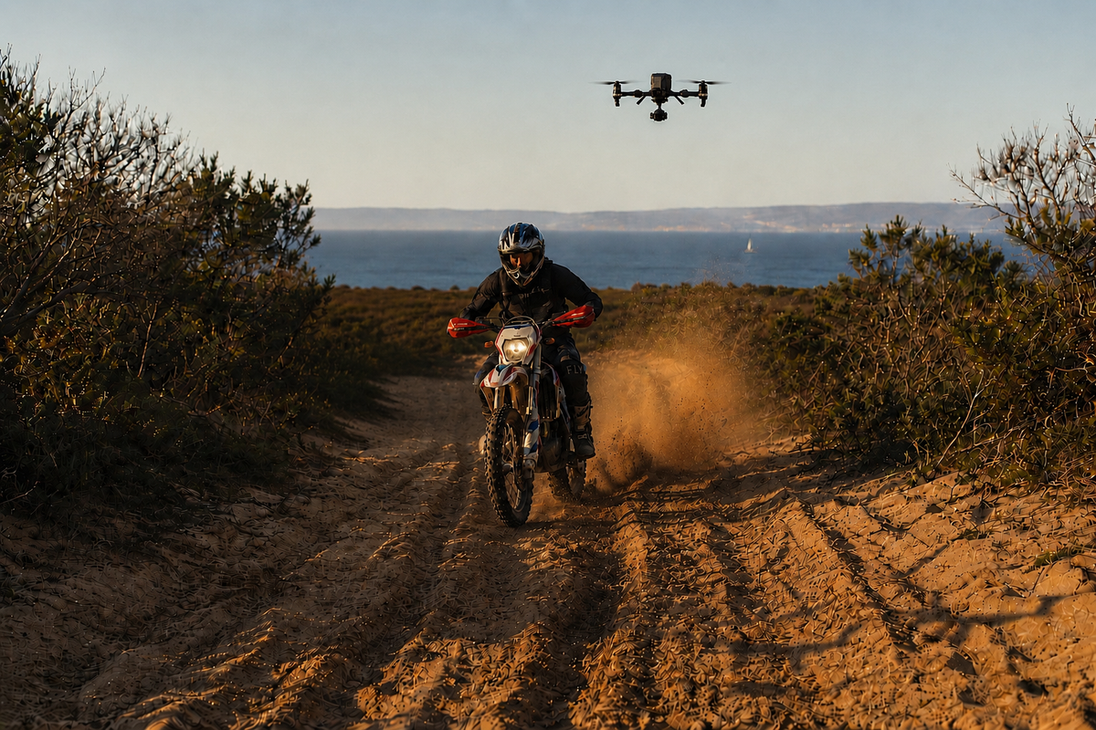 A dirt bike rider on a coastal sand track with a police drone hovering above and behind