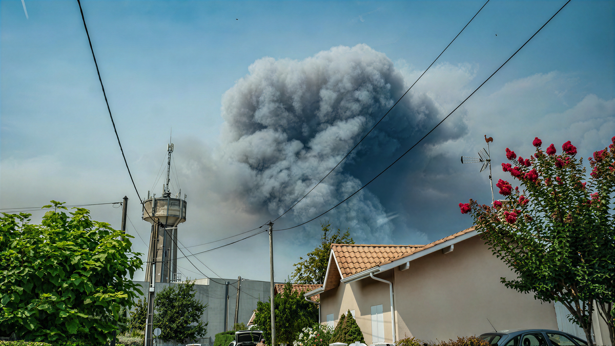 A towering column of wildfire smoke rising behind houses in southwest France