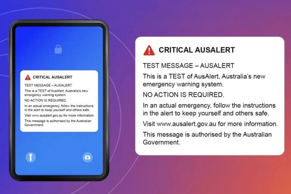 A phone lock screen showing a Critical AusAlert test message beside an enlarged version of the same text