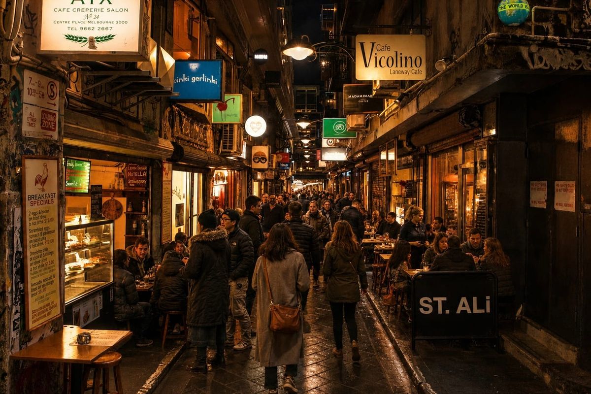 A packed Melbourne laneway at night with diners at outdoor tables under warm lights