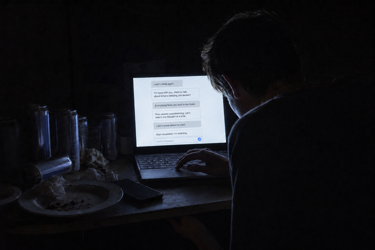A teenager at a laptop in a dark room
