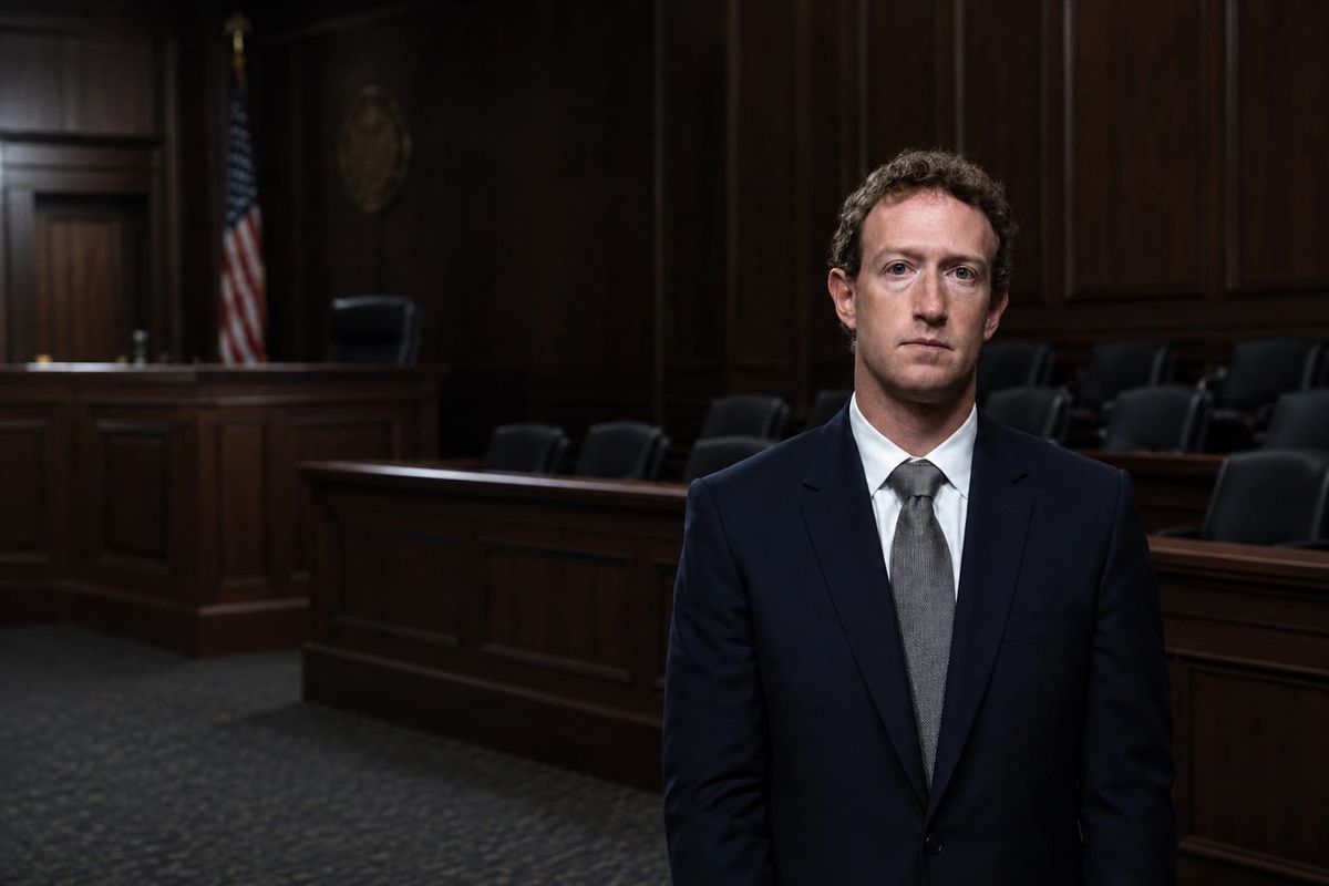 Mark Zuckerberg standing in an empty federal courtroom beside the jury box