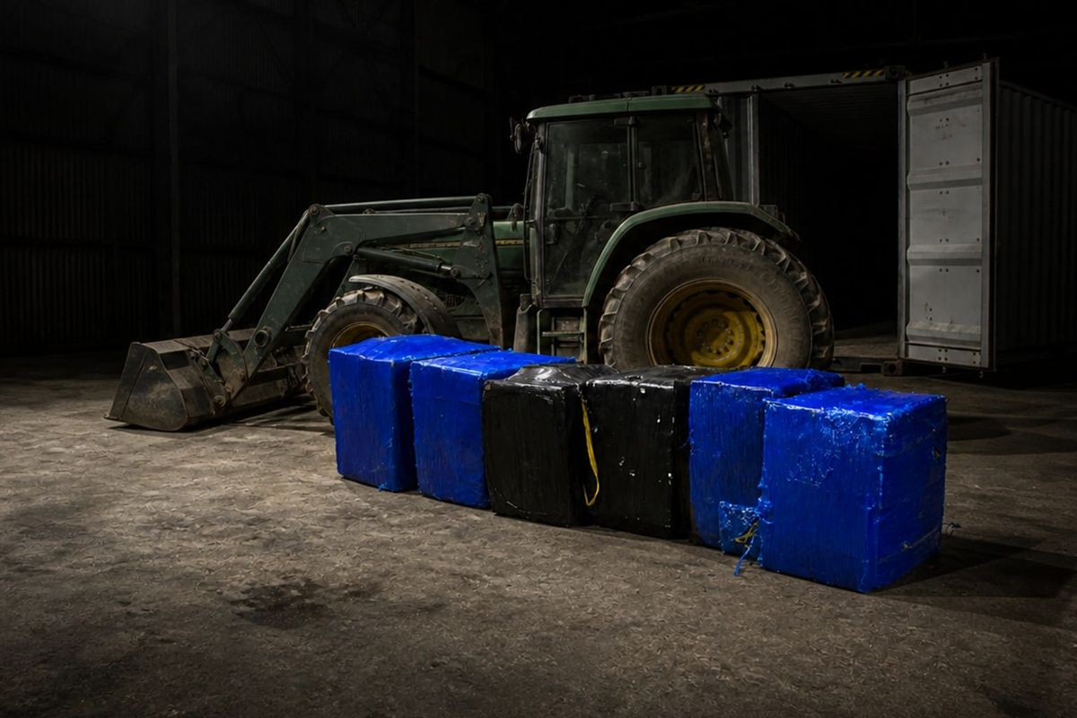 Six taped bales of cocaine on the floor in front of a tractor and an open shipping container