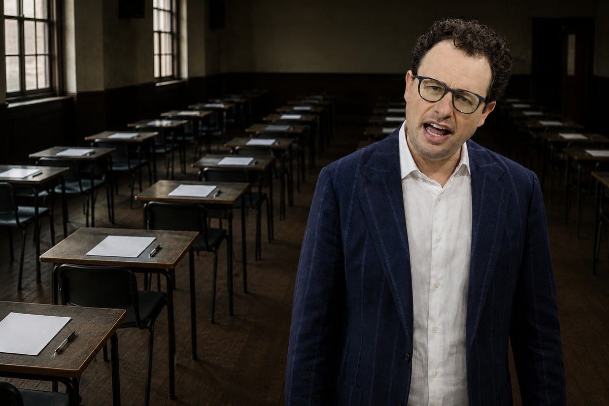 A man in a navy jacket standing in an empty examination hall lined with desks