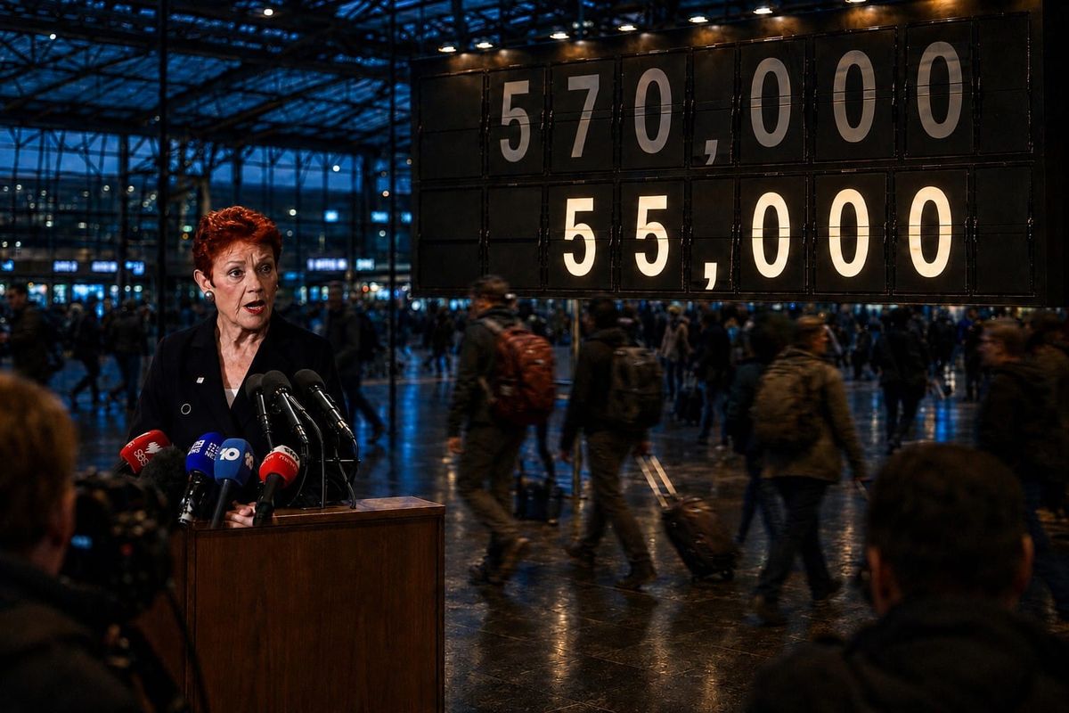 Pauline Hanson at a lectern in an airport terminal in front of a split-flap board reading 570,000 and 55,000