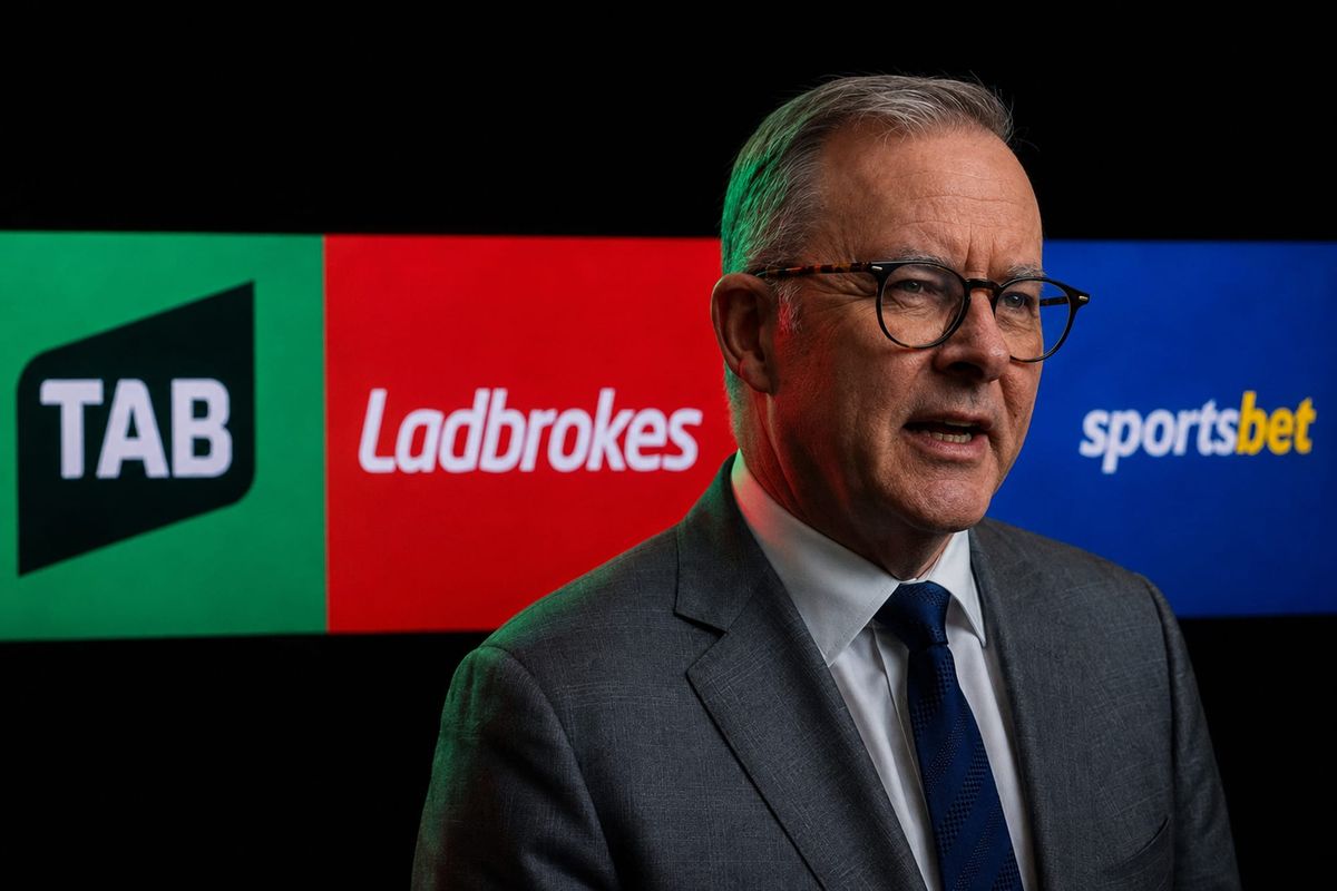 Anthony Albanese in front of illuminated TAB, Ladbrokes and sportsbet logos
