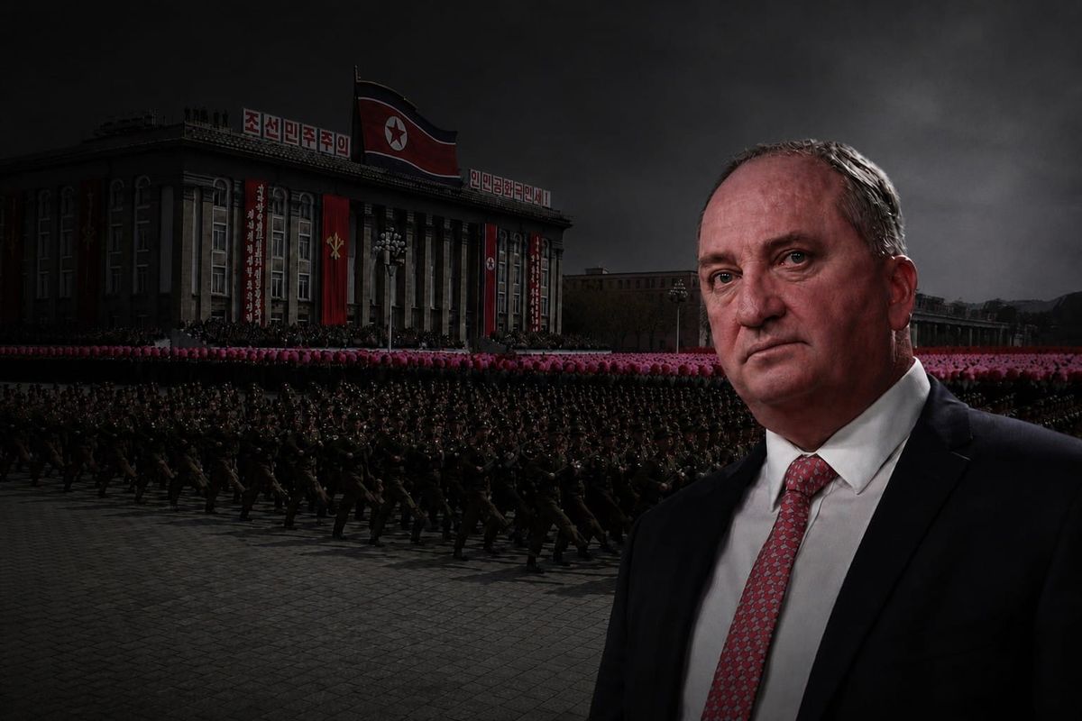 Barnaby Joyce composited beside a North Korean military parade in Pyongyang