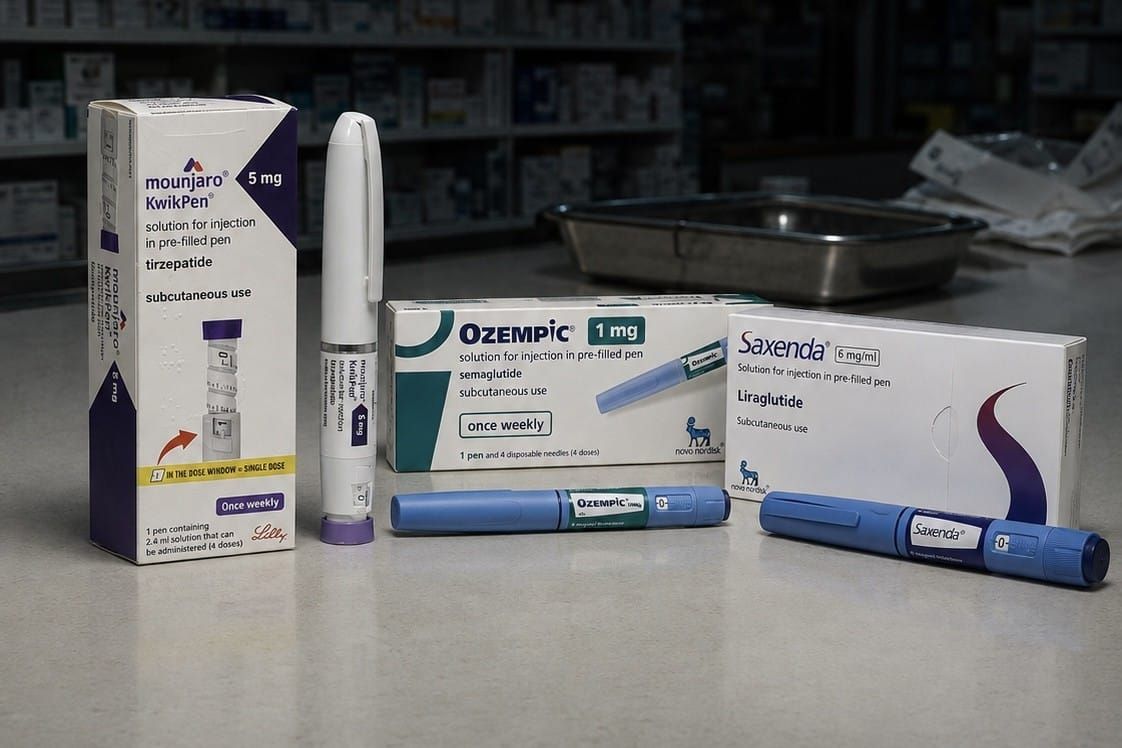 Mounjaro, Ozempic and Saxenda pens and boxes on a pharmacy dispensing bench