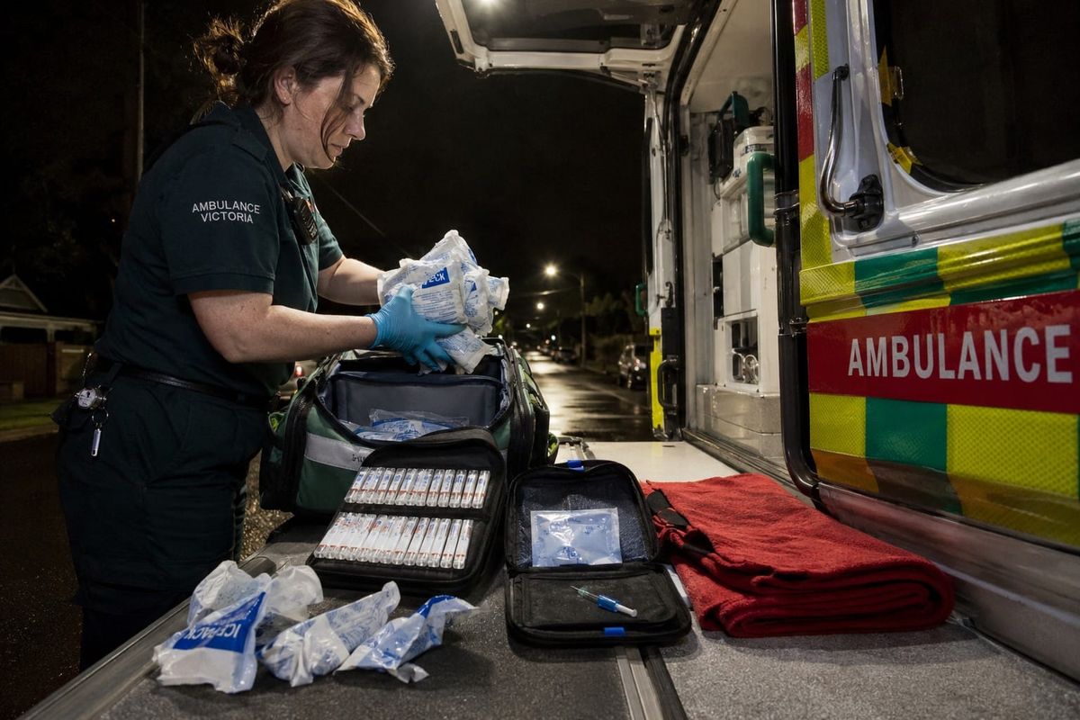 An Ambulance Victoria paramedic restocking ice packs at the back of an ambulance at night