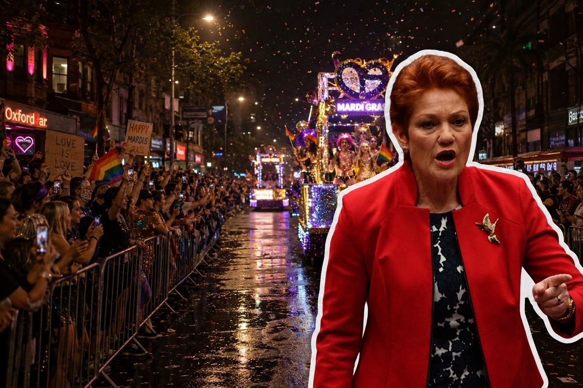 Pauline Hanson composited over the Sydney Gay and Lesbian Mardi Gras parade