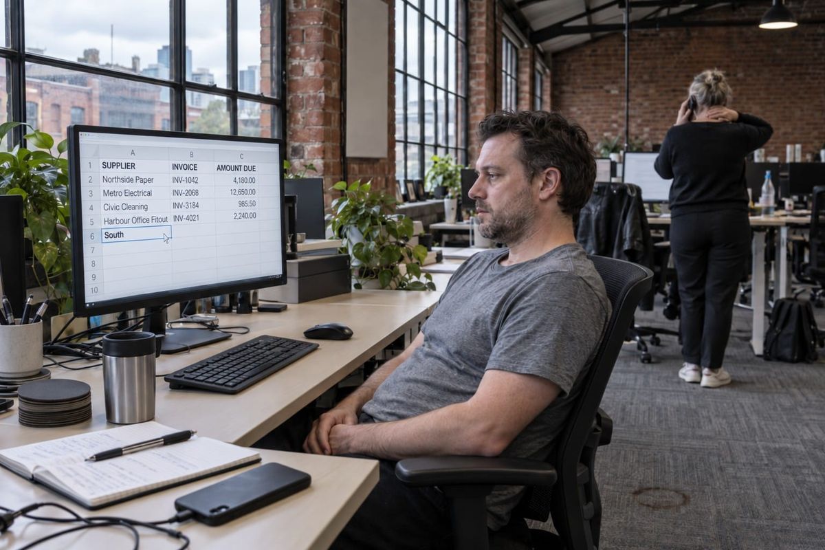 A man leans back from his desk as a spreadsheet fills itself in on the monitor in front of him
