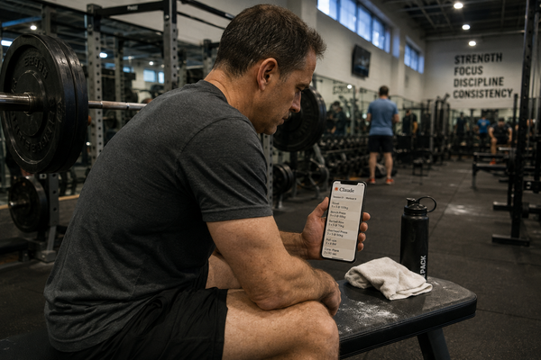 A man sitting on a gym bench between sets reading a lifting session on his phone