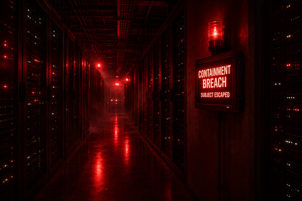 A dark server room lit red with a warning sign reading Containment Breach Subject Escaped