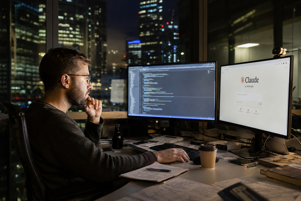 A developer working late at a multi-monitor desk with Claude by Anthropic open on screen