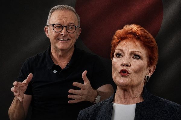 Pauline Hanson in front of Anthony Albanese and the Japanese flag
