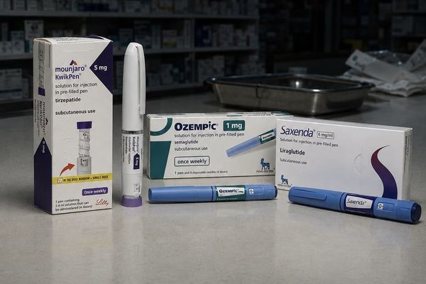 Mounjaro, Ozempic and Saxenda pens and boxes on a pharmacy dispensing bench