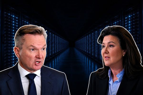Chris Bowen and Jane Hume facing each other in front of rows of server racks in a dark data centre
