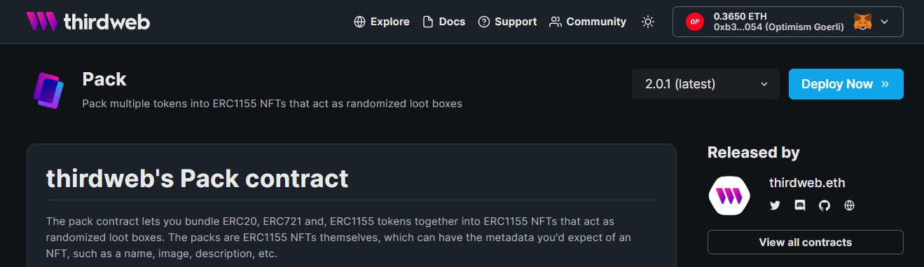 Pack page on thirdweb dashboard
