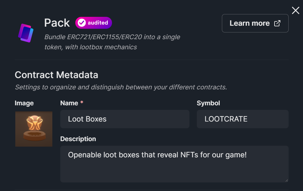 Populate the Pack smart contract metadata