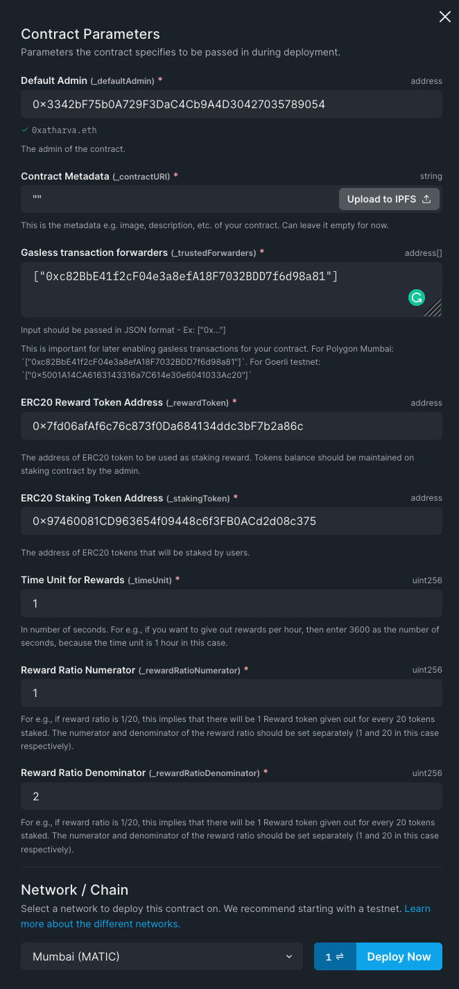 Deployment details for ERC-20 staking contract