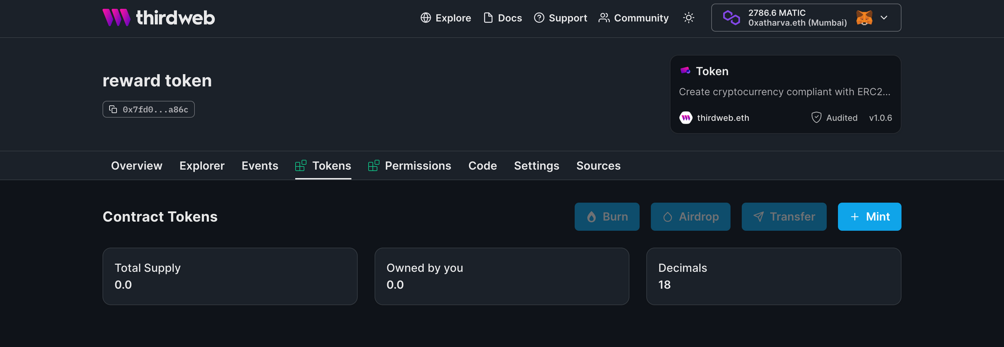 Reward token dashboard on thirdweb