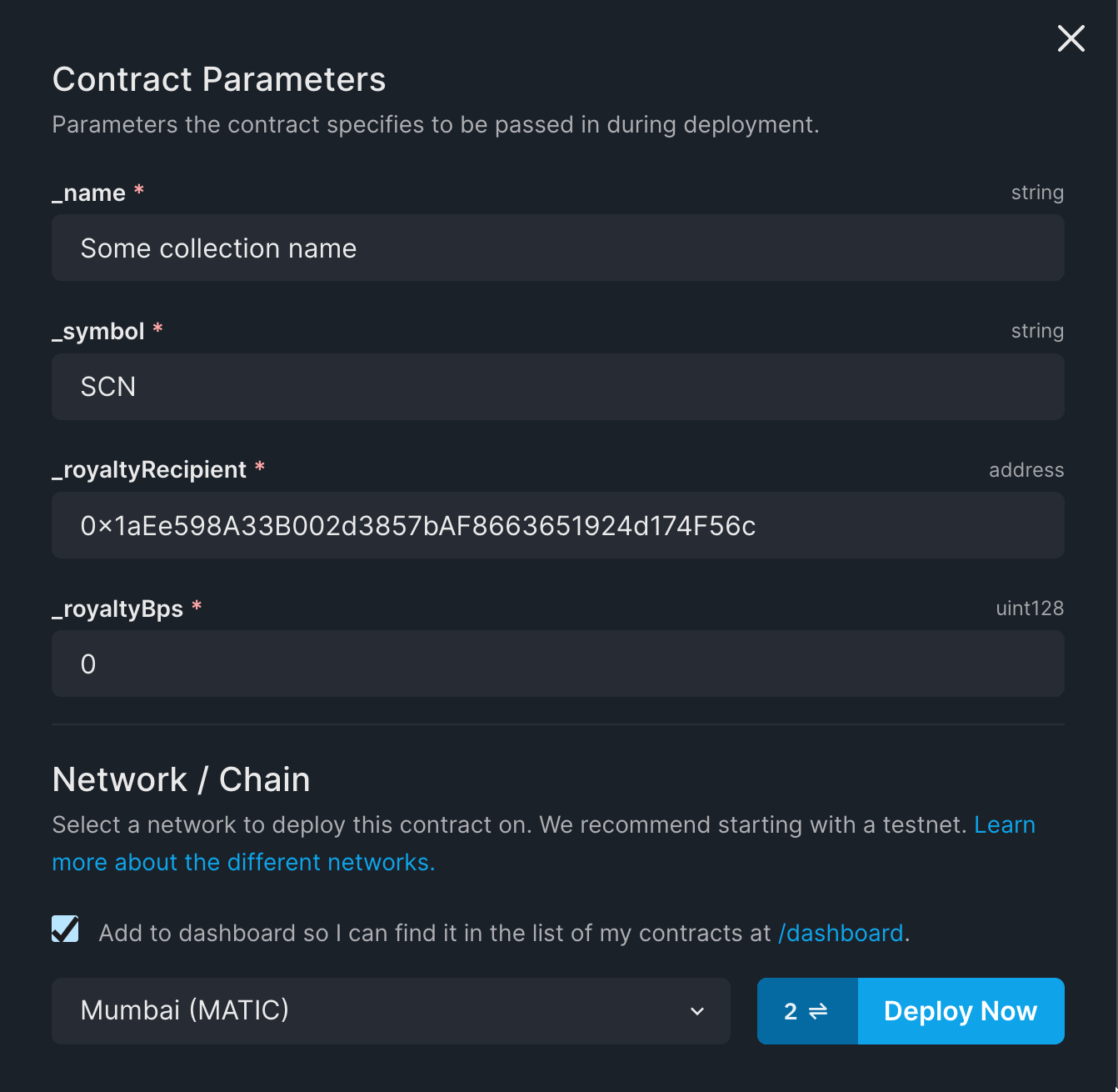 ERC4907 contract example parameters