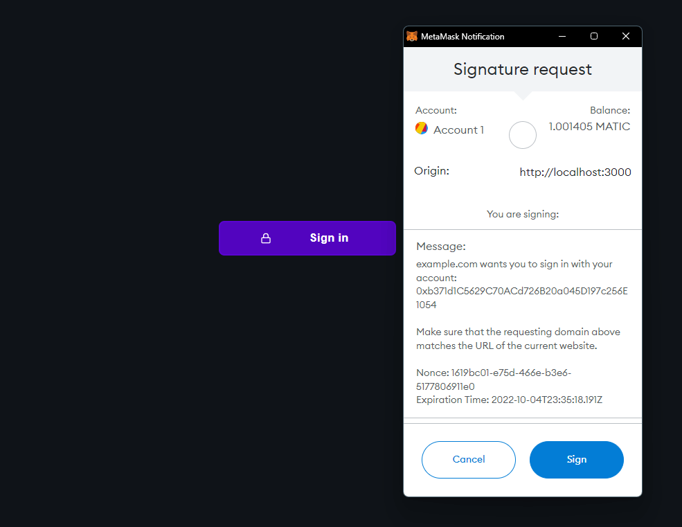 Sign in using metamask