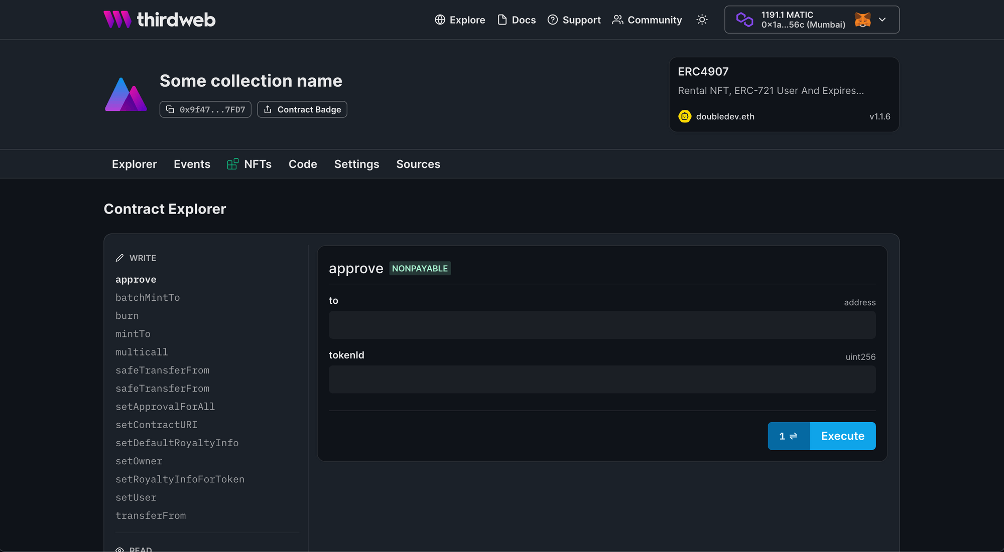 Contract dashboard for ERC4907 contract