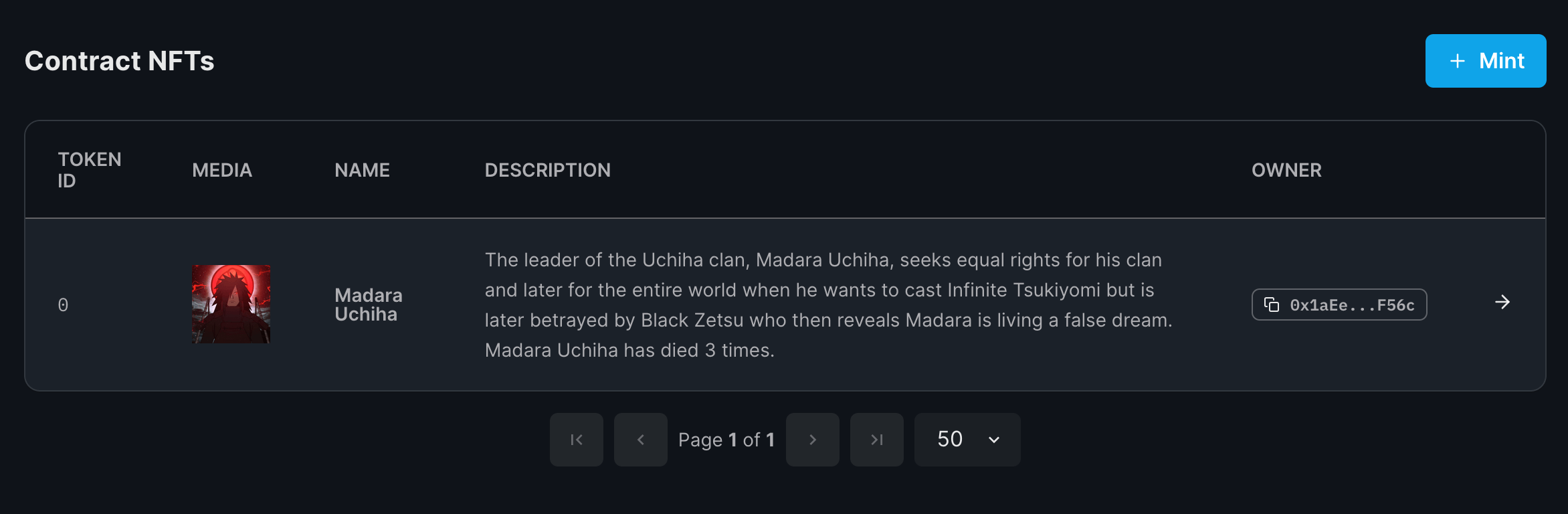 NFT minted under NFT tab