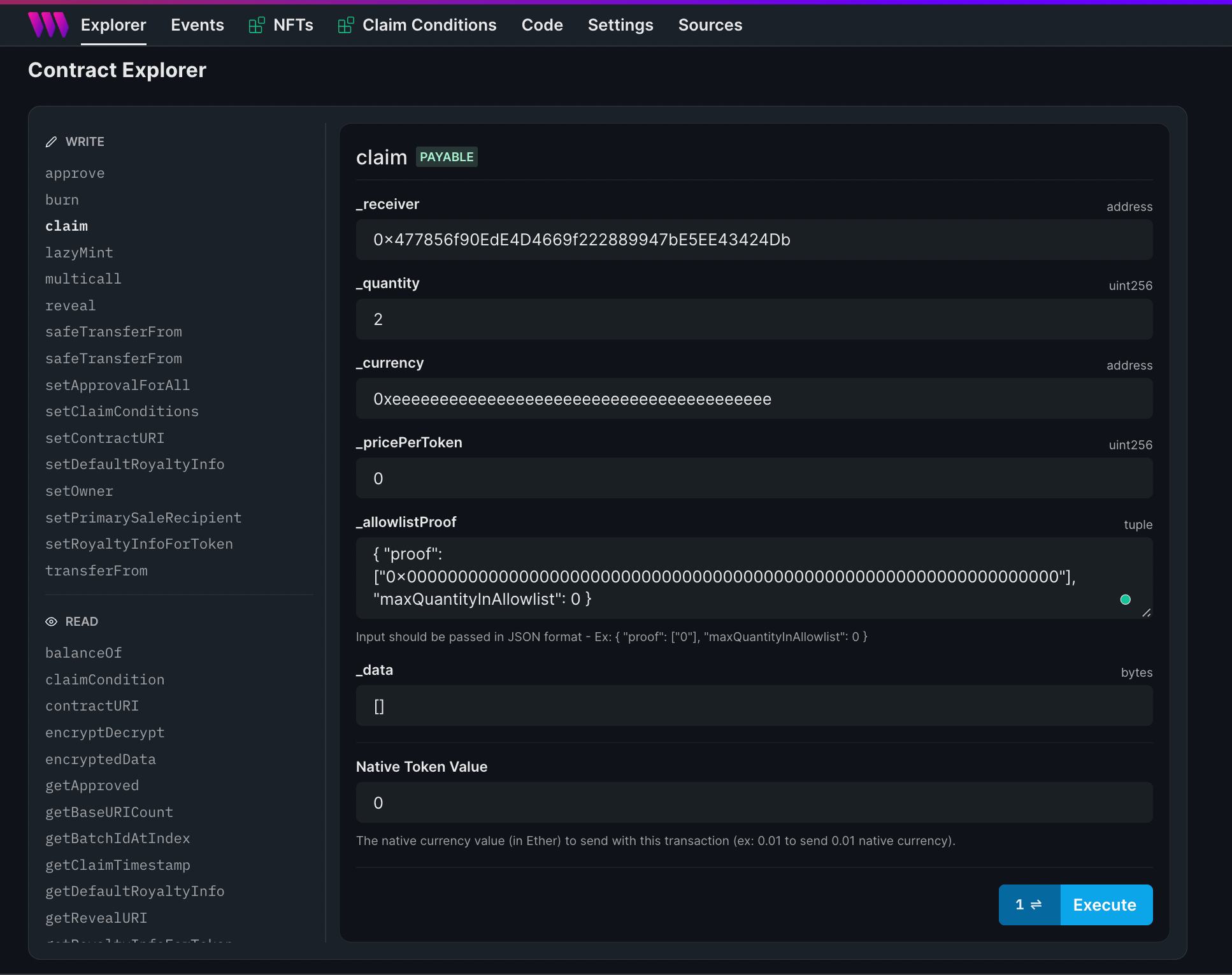 Claim an NFT from the explorer