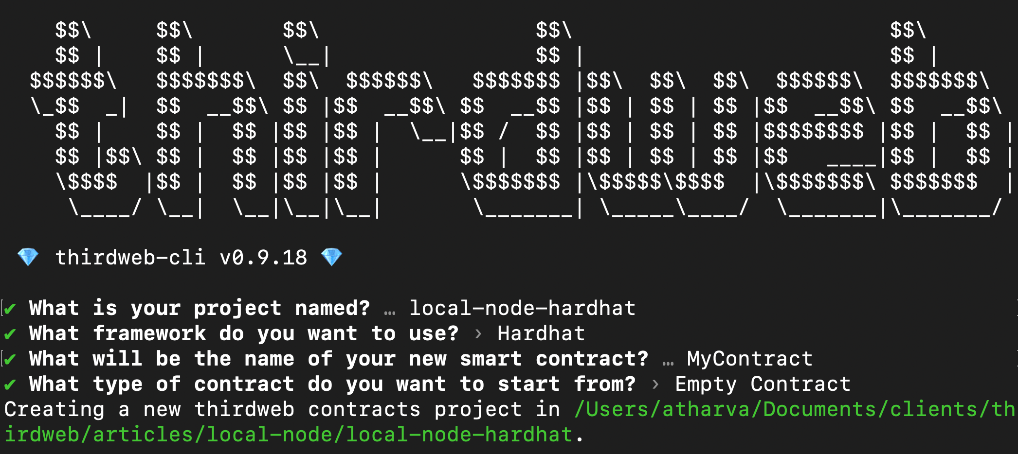 thirdweb CLI creating a Hardhat project