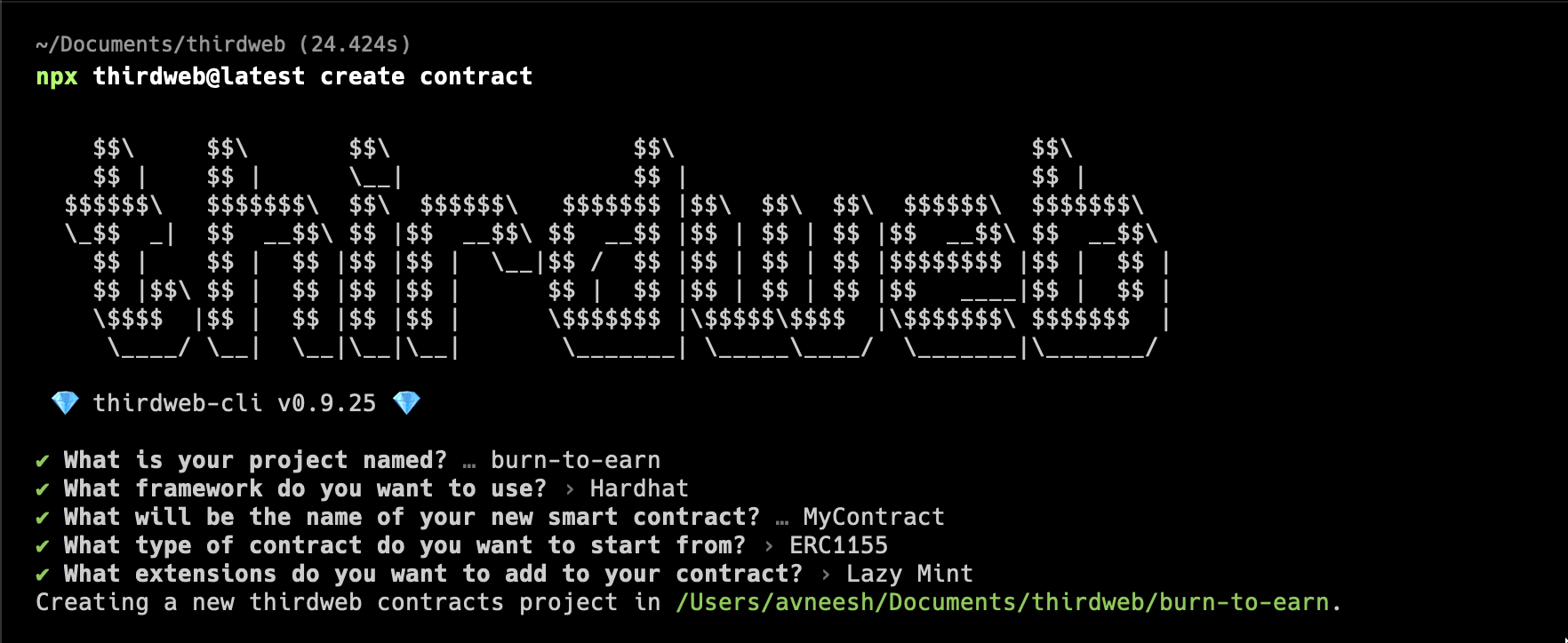 Create a new contract using npx thirdweb create contract