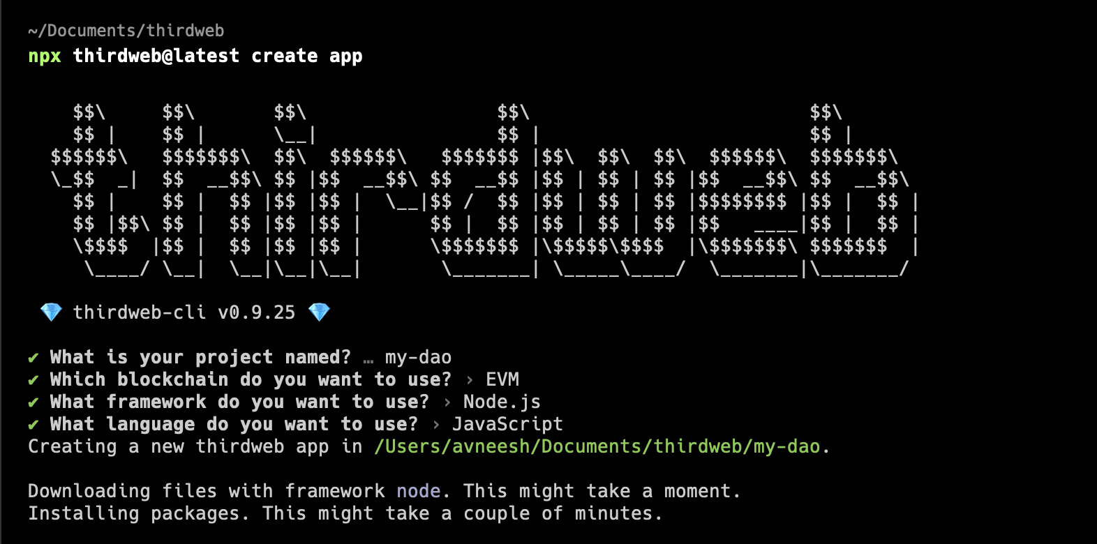 Create a new node.js app using npx thirdweb create app