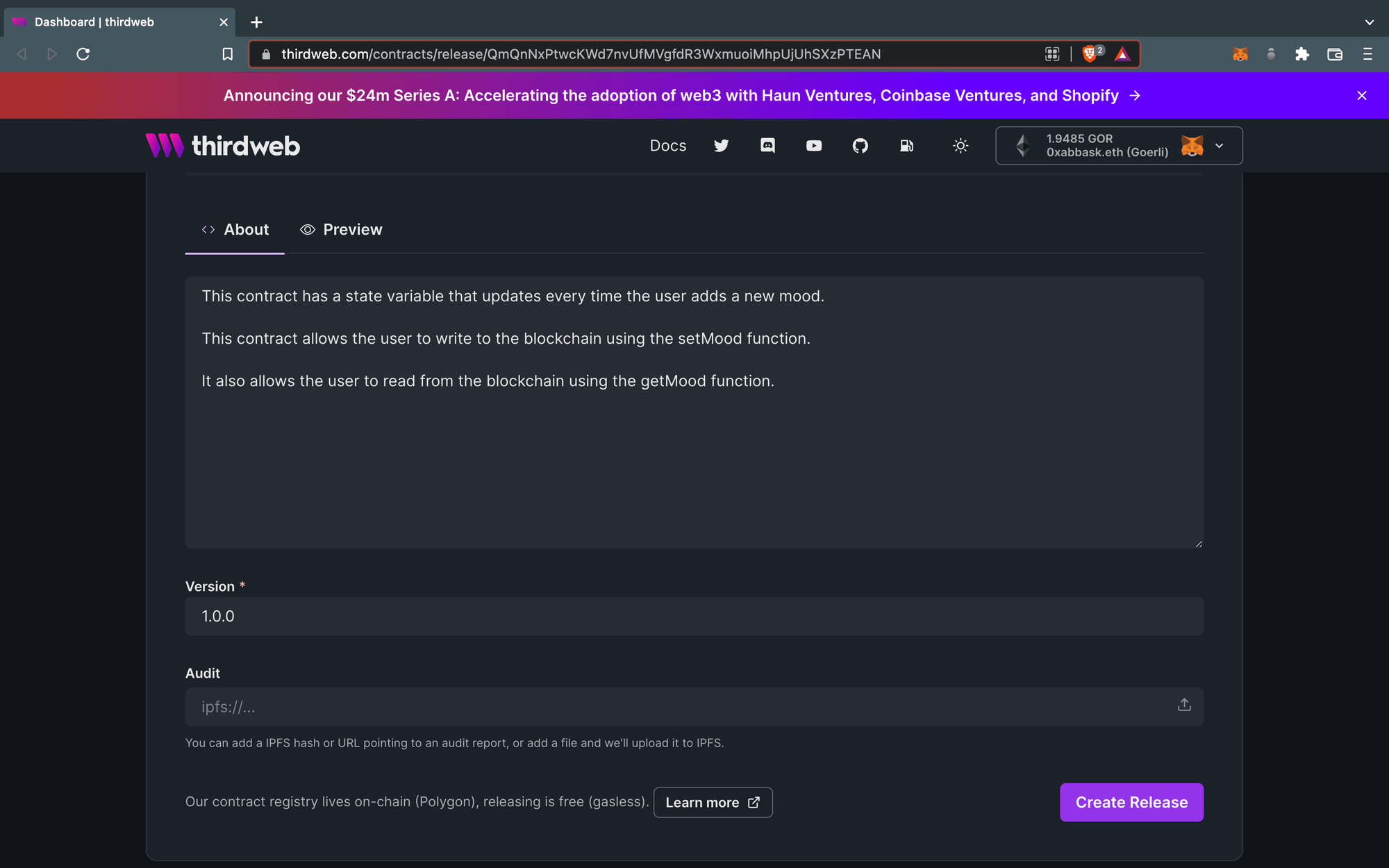 Add in an about, version, and audit (optional) to release your contract