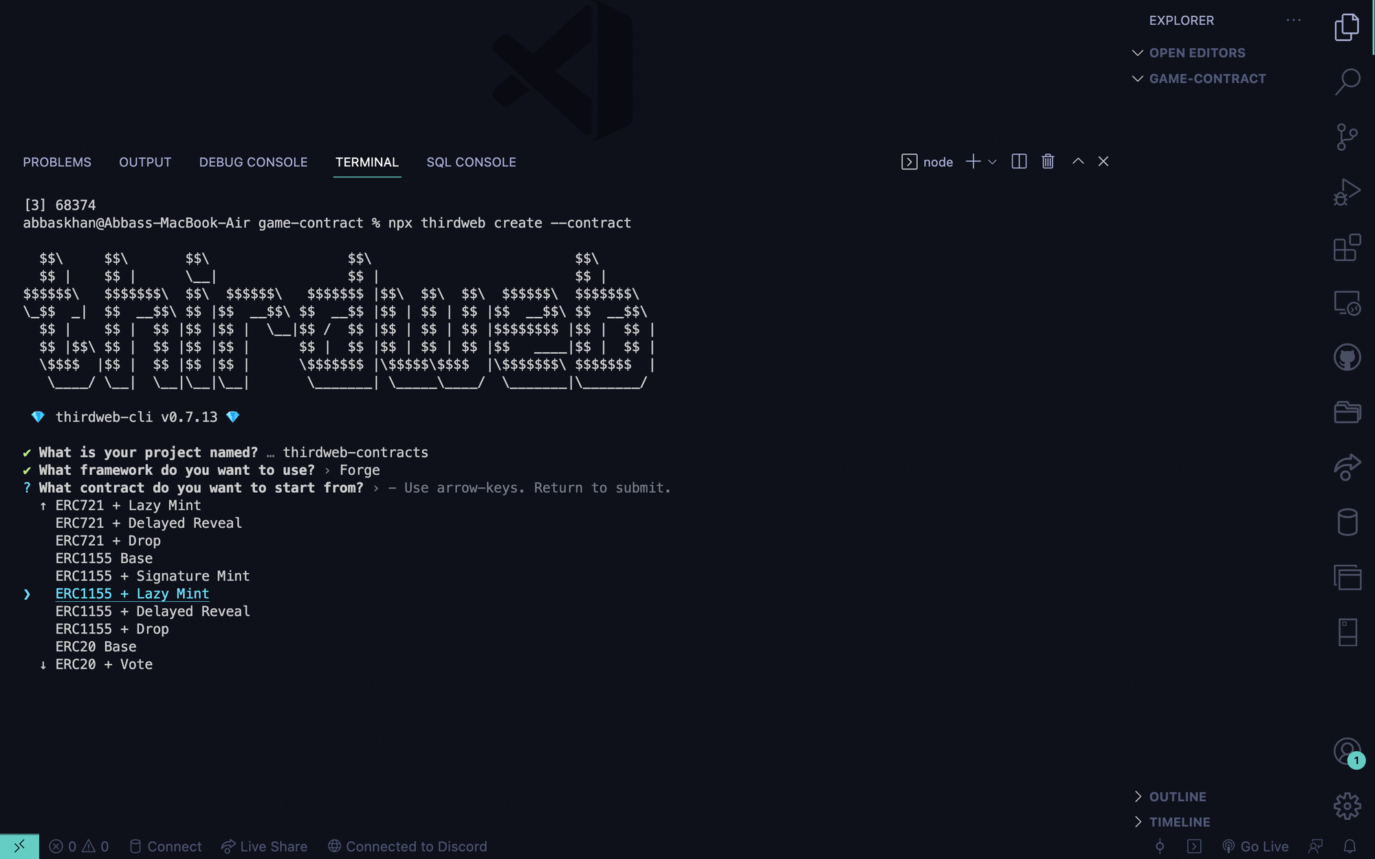 Create a new contract using npx thirdweb create contract