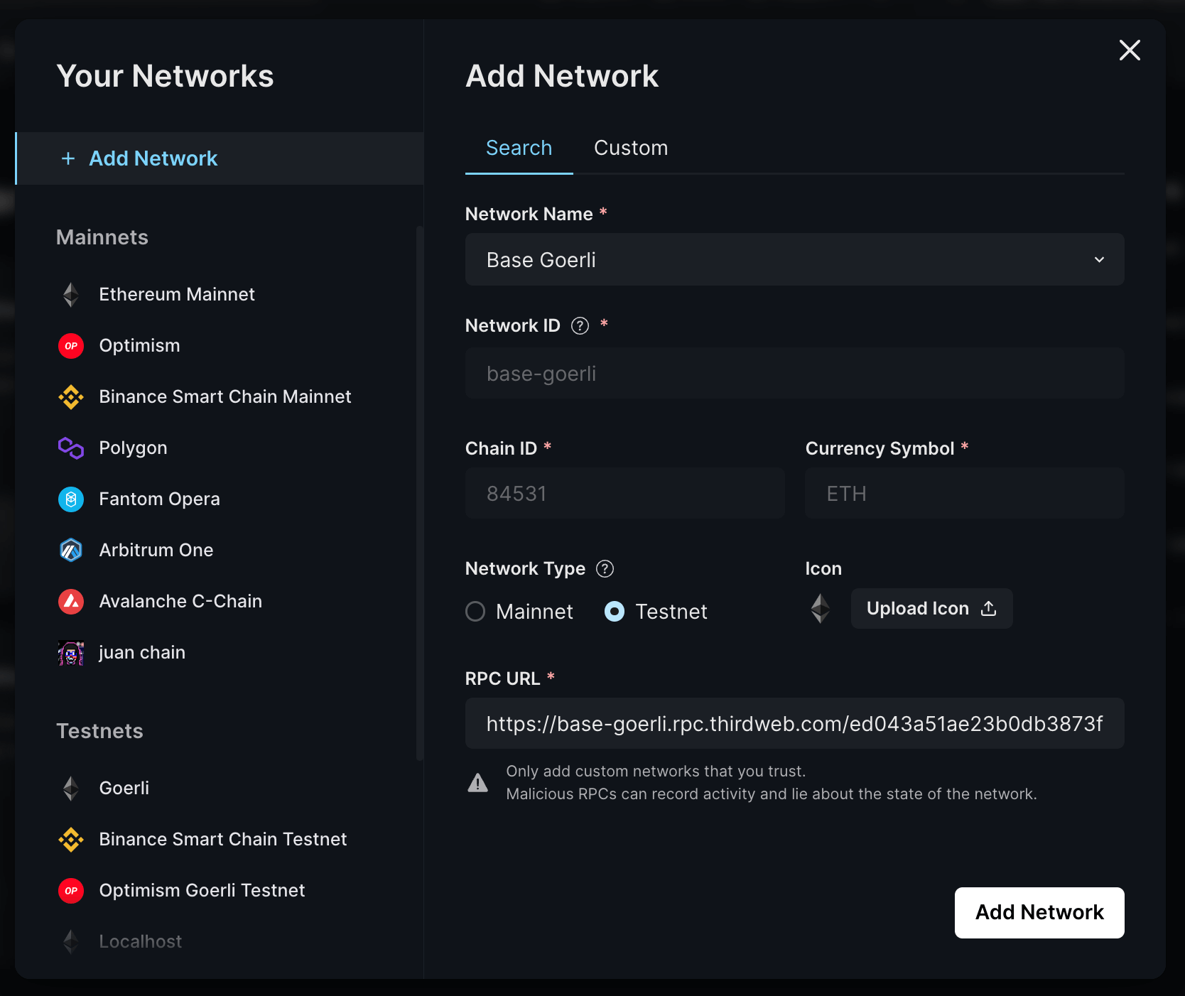 Metadata of the Base Goerli Network