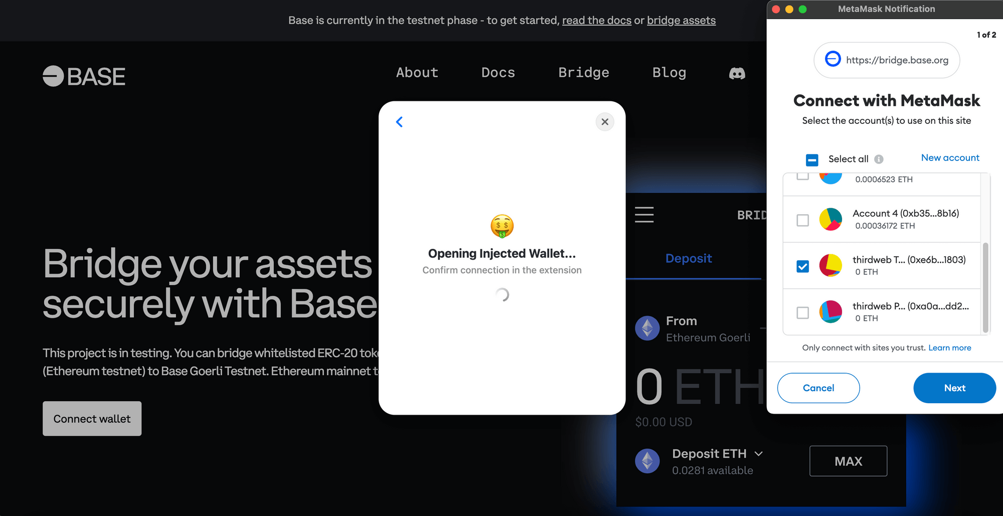 Connect wallet to Base Bridge