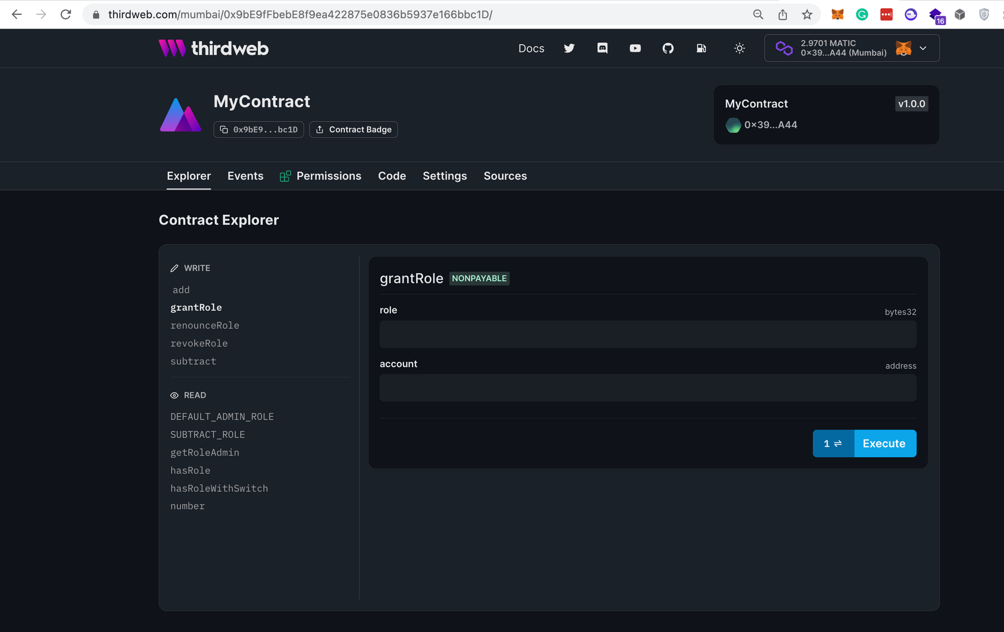 Grant role function in the explorer tab