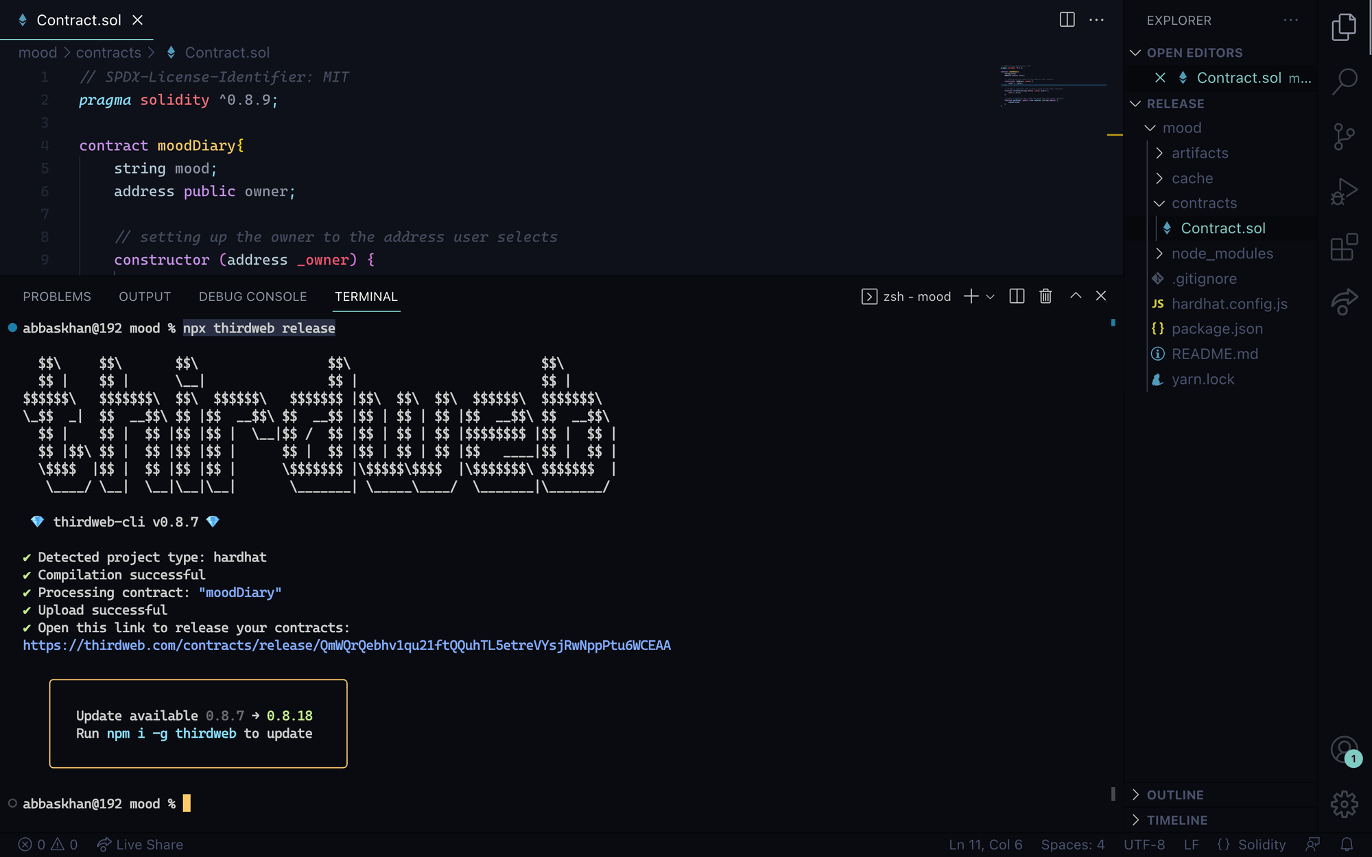 Release your contract using npx thirdweb release