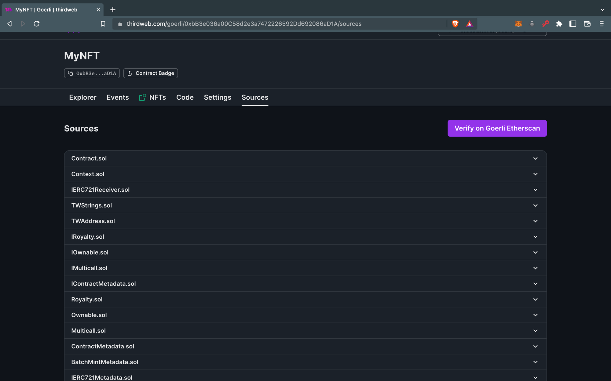 Click on Verify on Goerli Etherscan in Sources