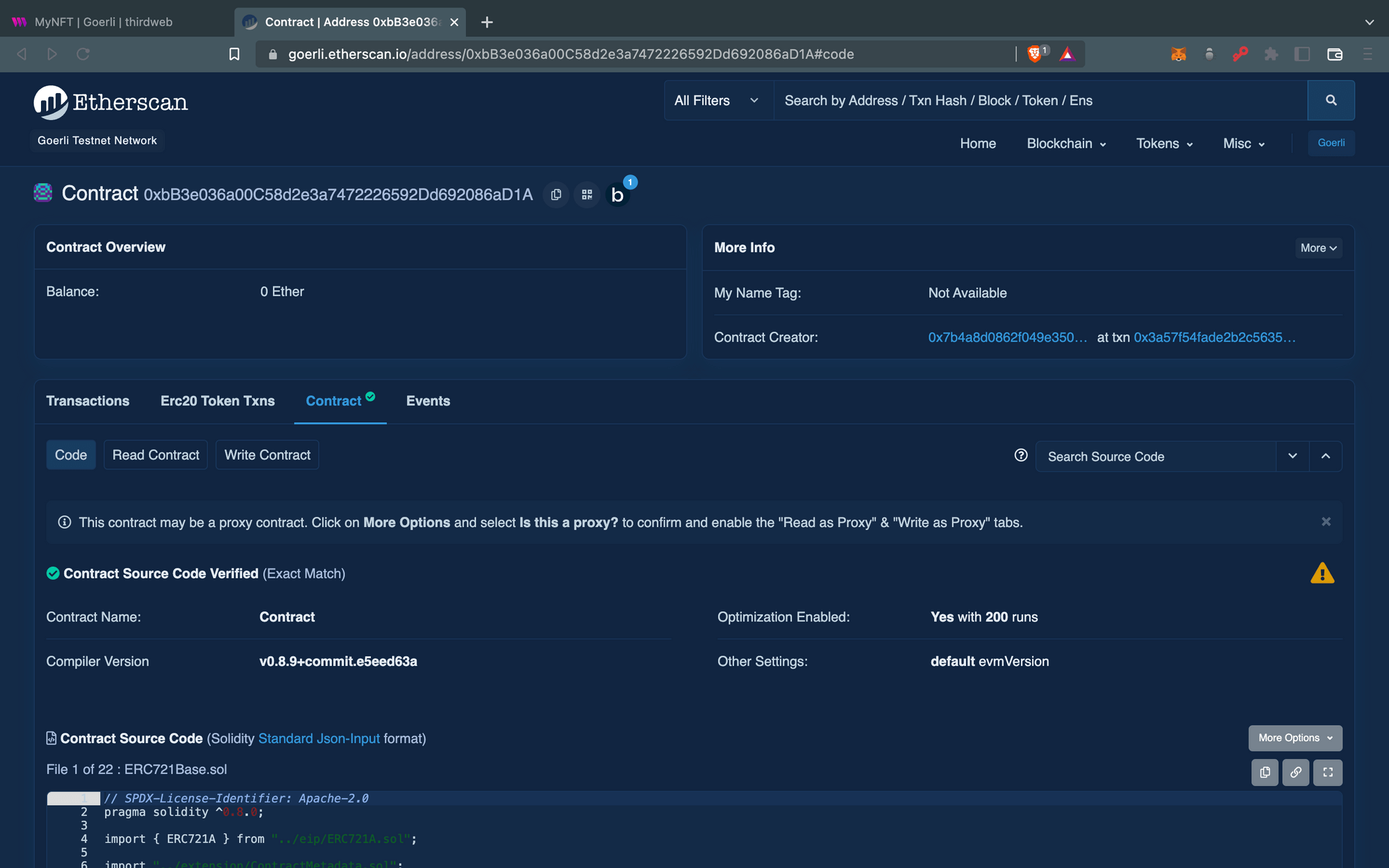 Contract shows verified on etherscan