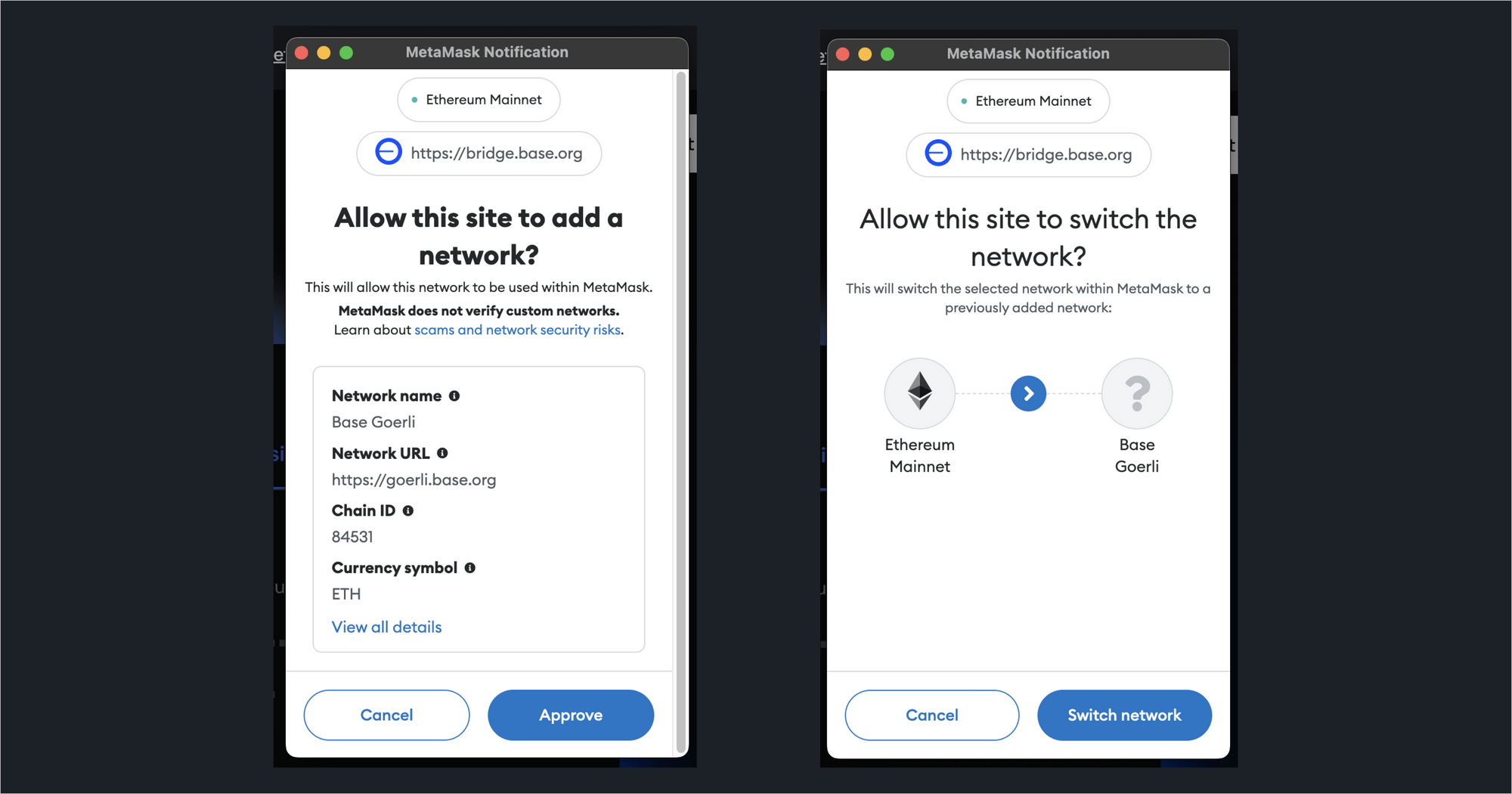 Approve and switch to Base Goerli network