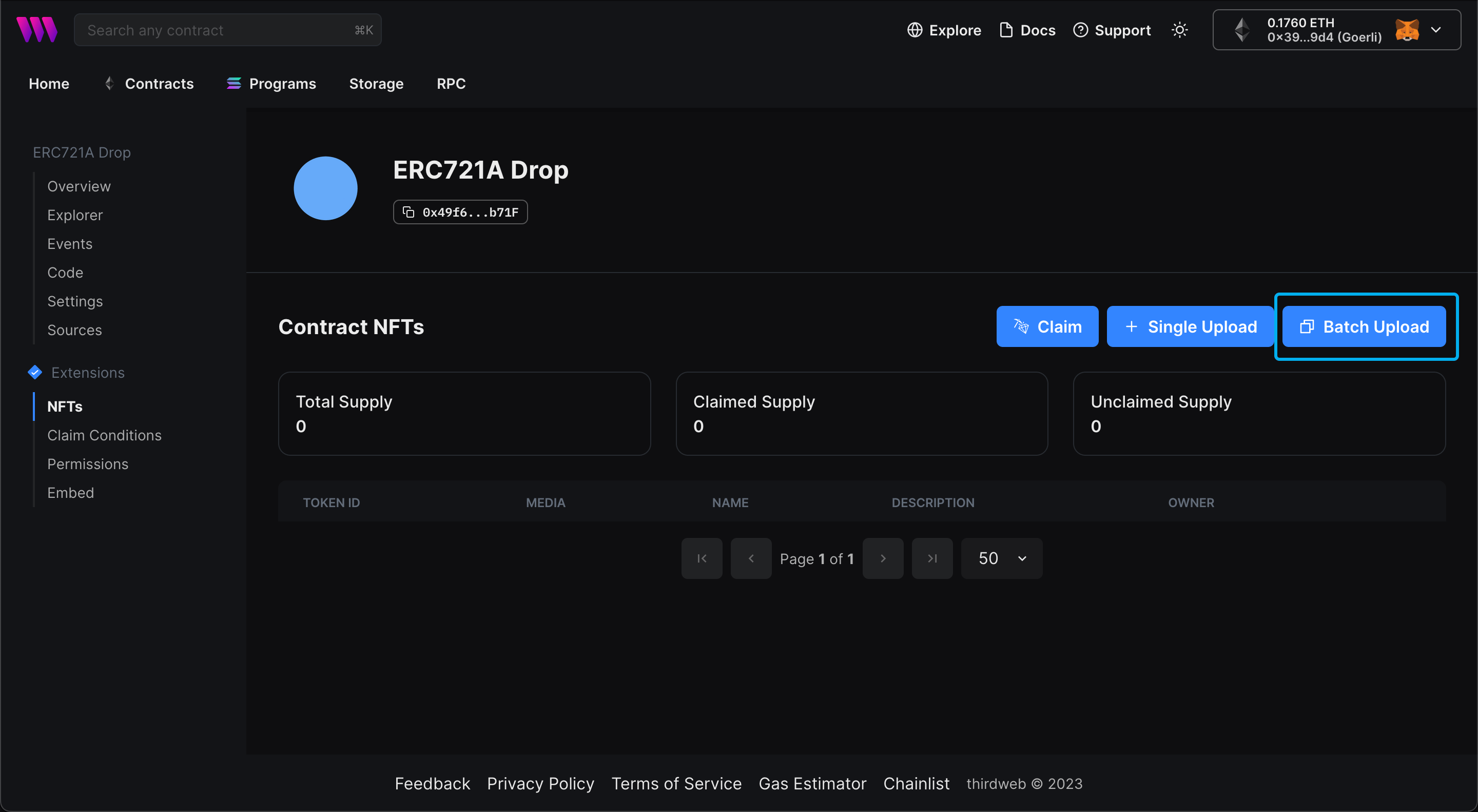 Click on batch upload in the NFTs tab