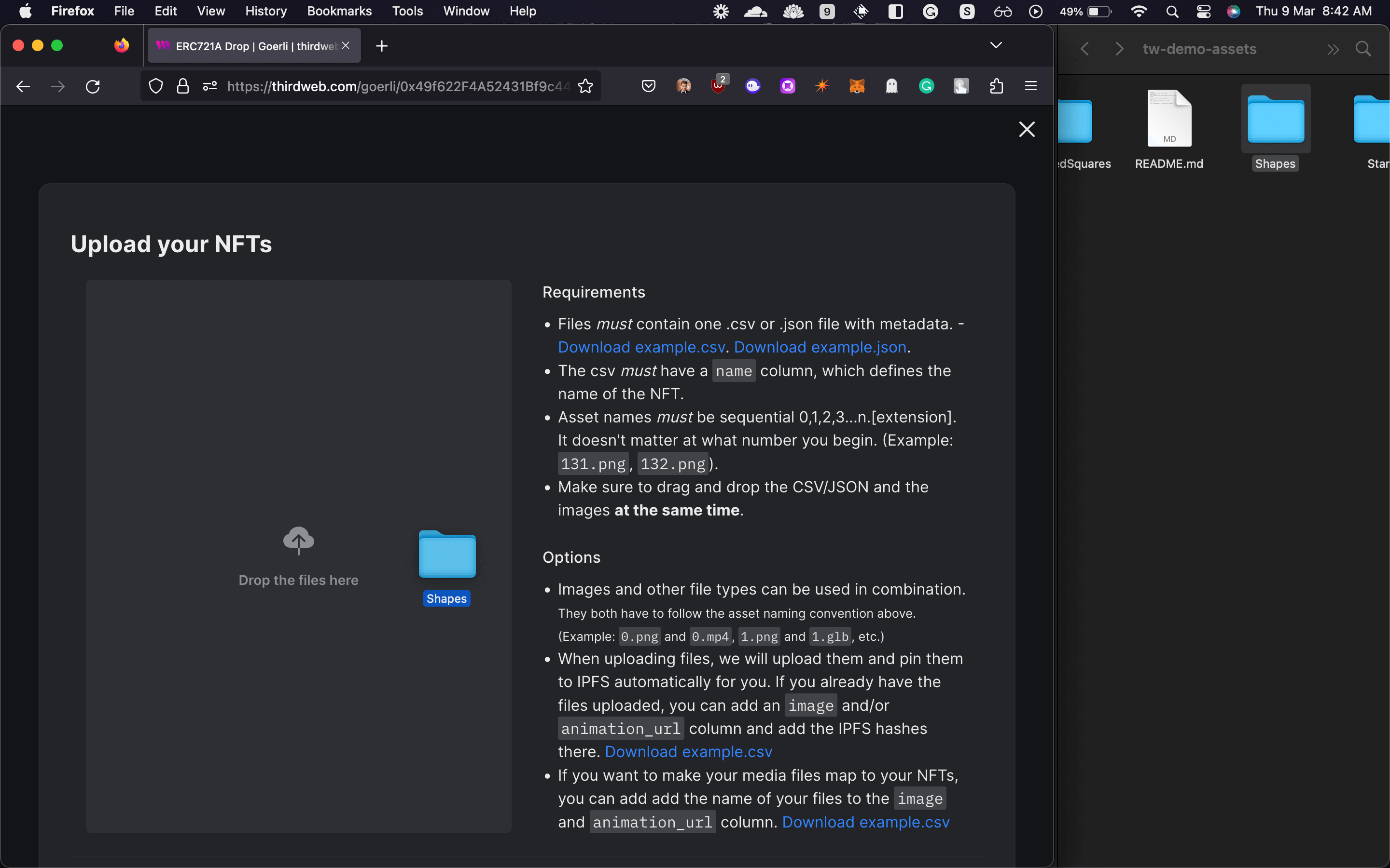Drag and drop the folder containing your assets and metadata
