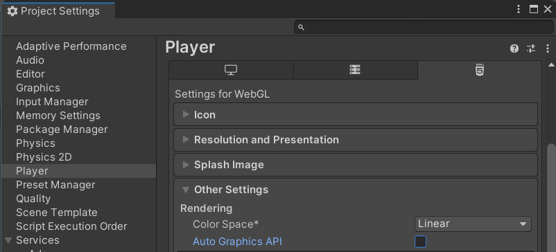 Disable Auto Graphics API Unity