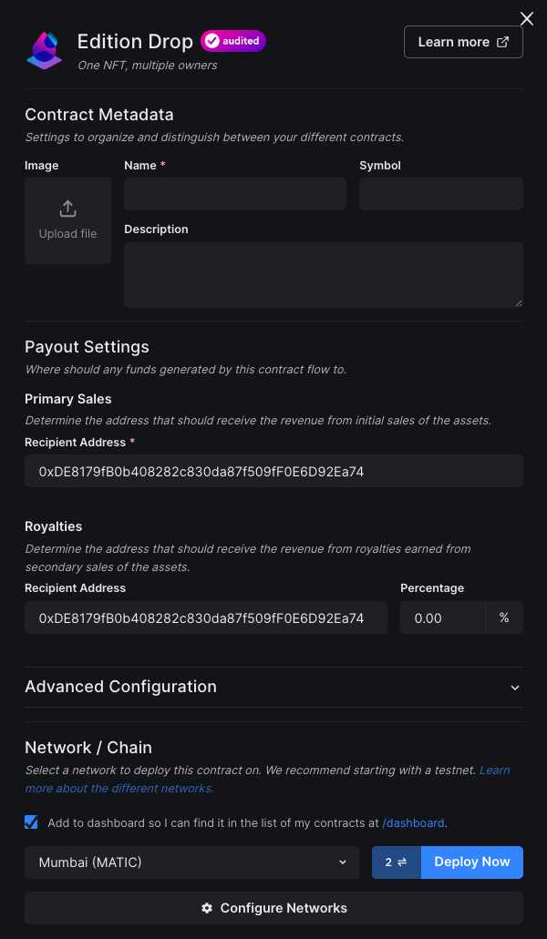 Edition Drop contract deployment options