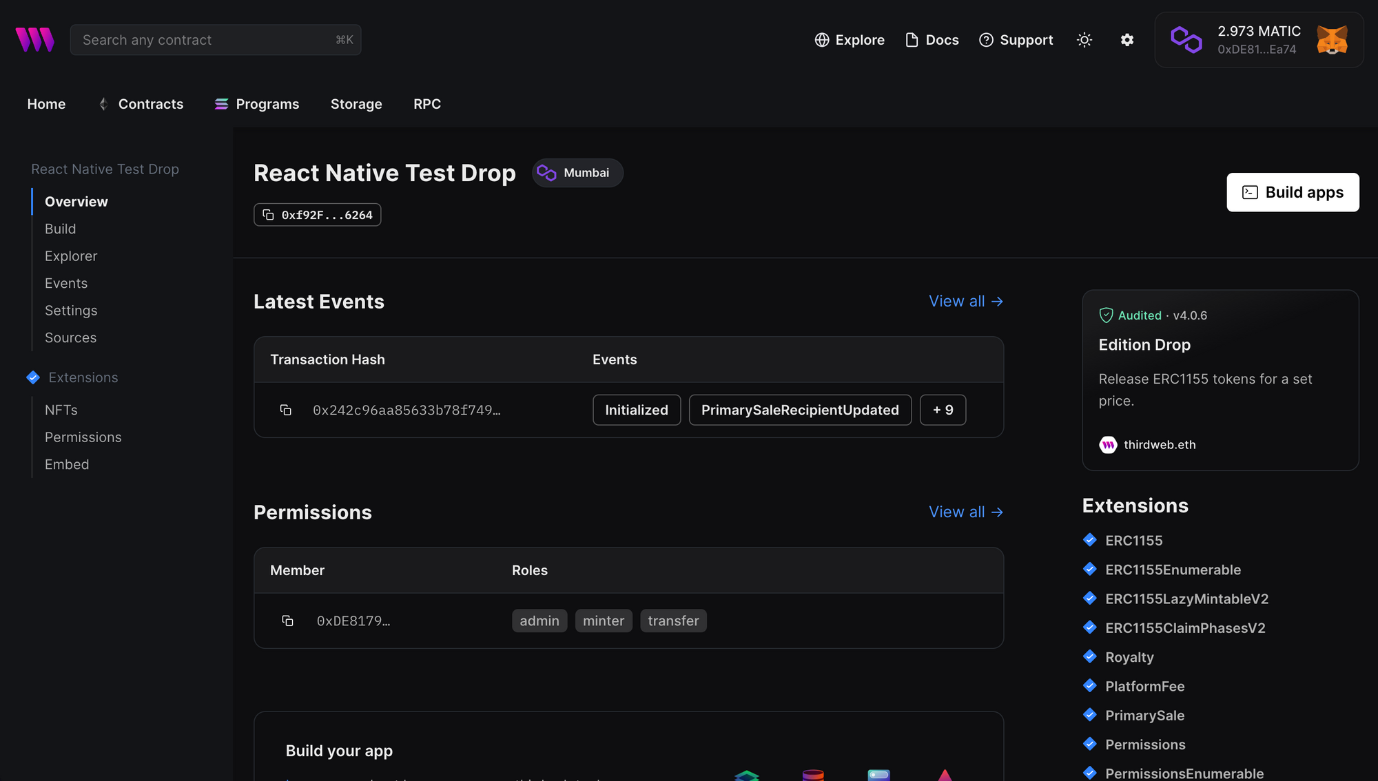 Edition Drop contract dashboard